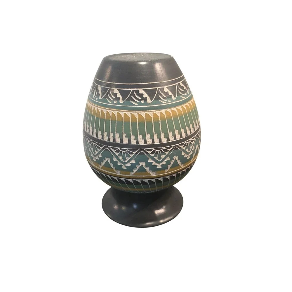 S Dennison Navajo Dine Etched Sgraffito Pottery Vase Grey Green Yellow 7.25